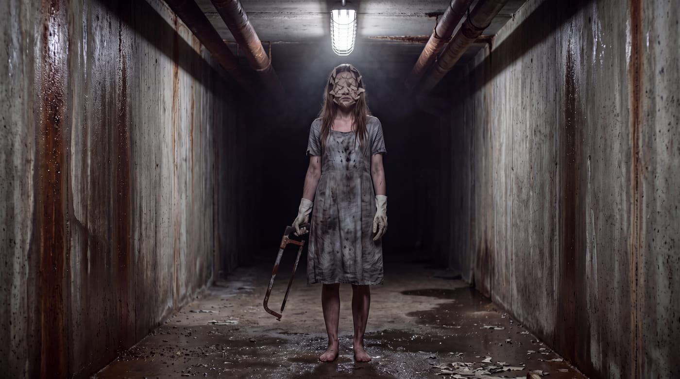 What the directed prompt produced: Sisserrate, her face covered in pale moths, alone under one caged light in a concrete corridor.