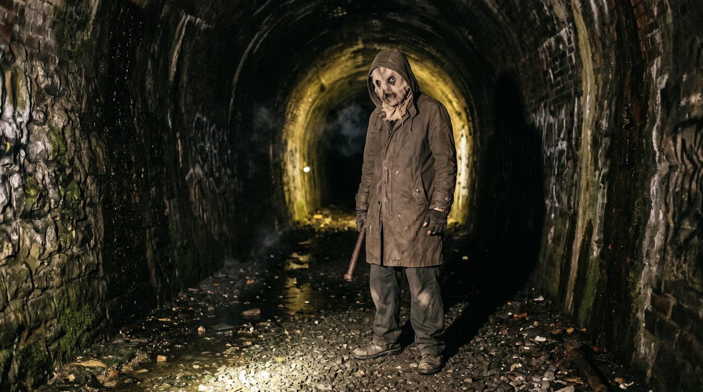 What the eight-word prompt produced: a generic masked figure in a tunnel.